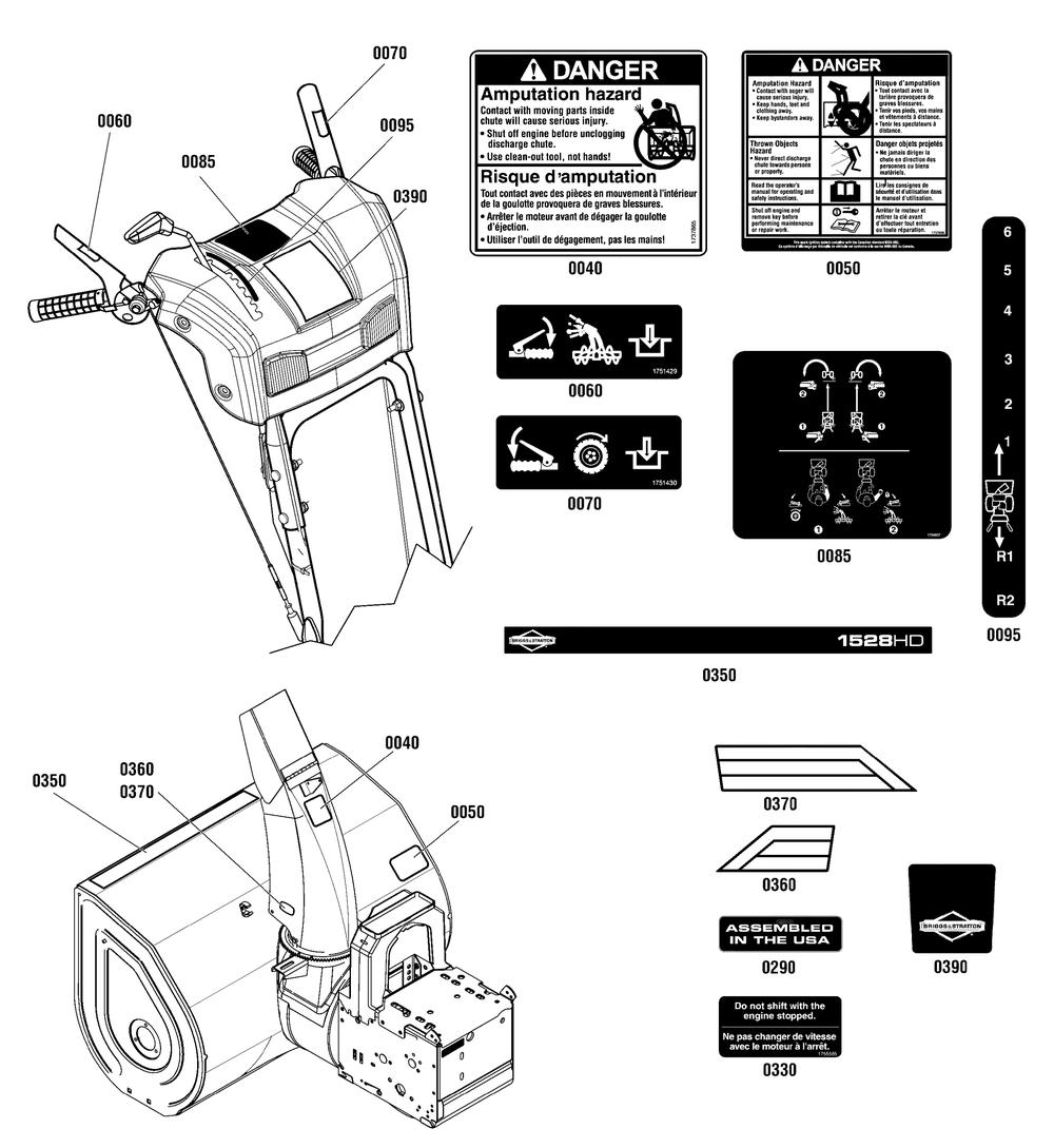 Decals Group Diagram and Parts List for 1696504-00-1528HD 2015 Briggs and Stratton Snow Blower